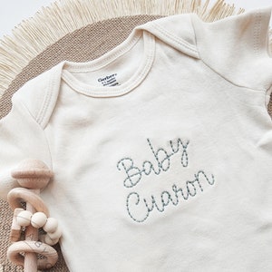 Embroidered Onesies® Brand, Personalized Baby Onesies® Neutral Onesies® Baby Name Onesie® Girl, Boy, Hand Stitch Pregnancy Announcement Z37