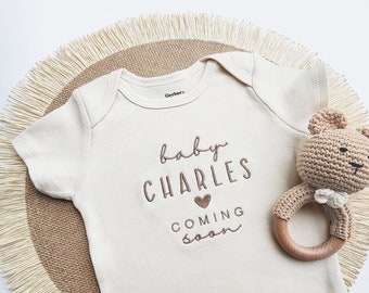 Embroidered Baby Name Onesie® Girl, Boy, Pregnancy Announcement Onesies® Brand, Baby Coming Soon Onesies® Custom Natural Neutral Onesies® Z8
