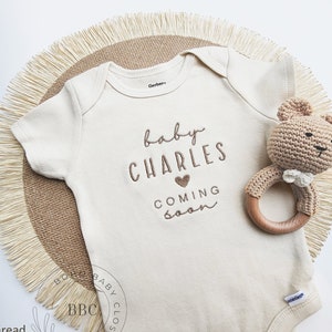 Embroidered Baby Name Onesie® Girl, Boy, Pregnancy Announcement Onesies® Brand, Baby Coming Soon Onesies® Custom Natural Neutral Onesies®