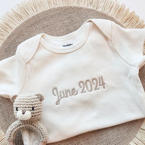 Embroidered Pregnancy Announcement Custom Onesies® Brand,  Due Date Littlest Coming Soon Onesie® Personalized Name Baby Neutral Onesies® Z50