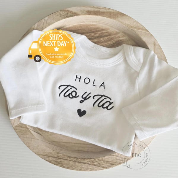 Embroidered Hola Tio Y Tia ONESIE® brand, hi Tia, Hi Tio, Hi Auntie, Hi Uncle, pregnancy announcement, Surprise, Coming Soon, Auntuncle617