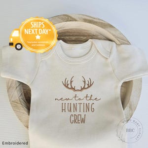 Embroidered New to the Hunting Crew Onesie® Dad's Bestie, Gift for Dad Gift Personalized Onesis® Neutral Onesie® Dad's Hunting Buddy C14