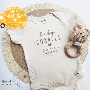 Embroidered Baby Name Onesie® Girl, Boy, Pregnancy Announcement Onesies® Brand, Baby Coming Soon Onesies® Custom Natural Neutral Onesies® Z8