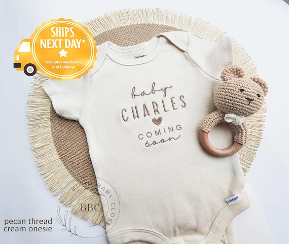 Embroidered Baby Name Onesie® Girl, Boy, Pregnancy Announcement Onesies® Brand, Baby Coming Soon Onesies® Custom Natural Neutral Onesies® Z8