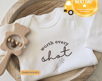 Embroidered Worth Every Shot Onesie® IVF Baby Pregnancy Announcement Onesies® Brand, Baby Coming Soon Onesies® Neutral Onesies® A42