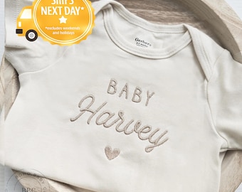 Embroidered Baby Name Onesie® Girl, Boy, Pregnancy Announcement, Baby Coming Soon Onesies® Custom Neutral Onesies® Z30