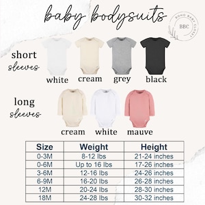 a collection of baby bodysuits in various colors and sizes, along with corresponding measurements and descriptions.