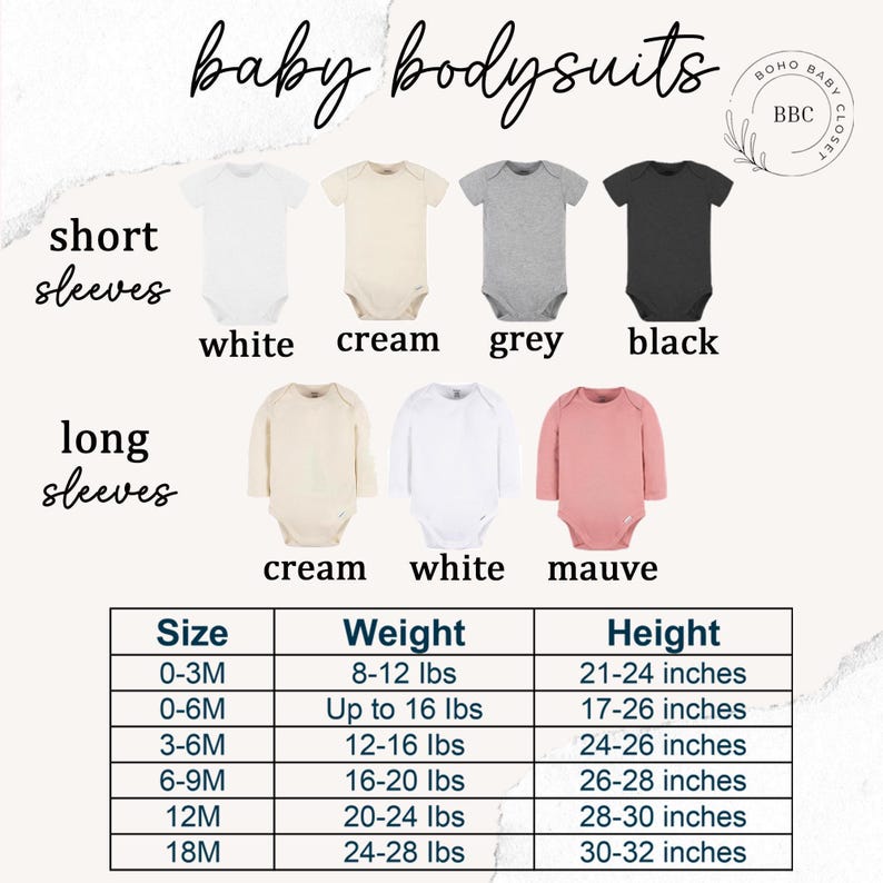 a collection of baby bodysuits in various colors and sizes, along with corresponding measurements and descriptions.