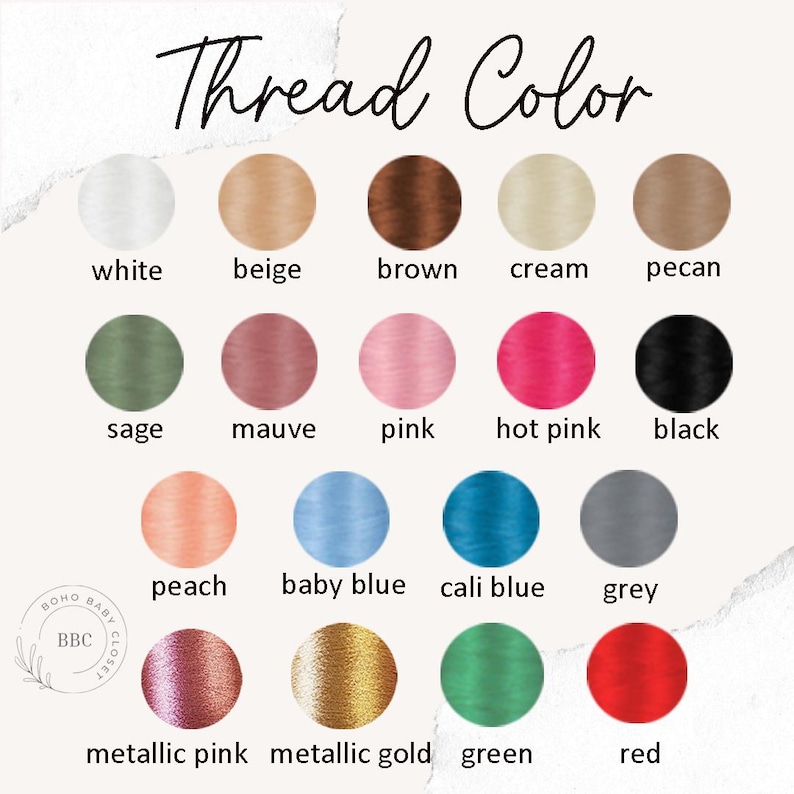 a collection of 16 different thread colors, each with a corresponding color name, arranged in a grid format.