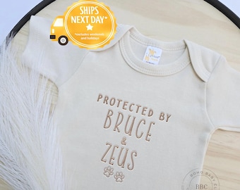 Embroidered Protected By Dog Onesie® brand, New Best Friend Onesie® Personalized Dog Name Dog Name Onesie® Baby Shower Gift Z3