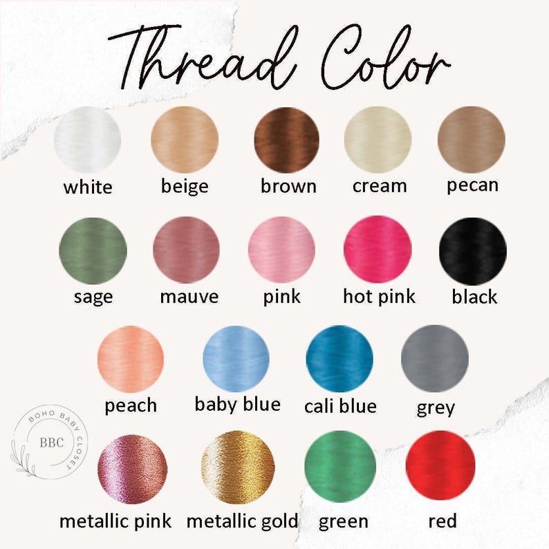 a collection of 16 different thread colors, each with a corresponding color name, arranged in a grid format.