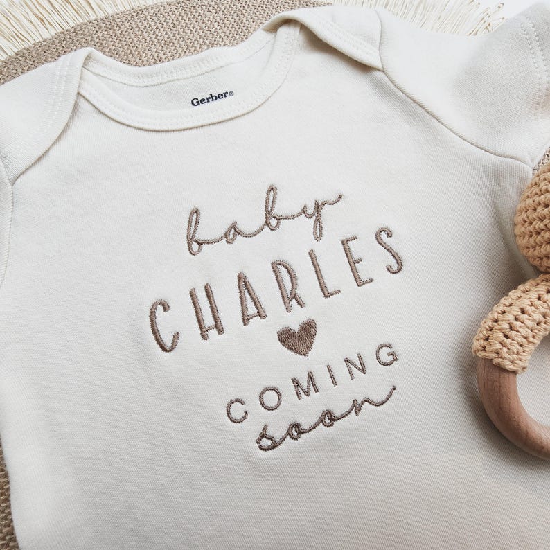Embroidered Baby Name Onesie® Girl, Boy, Pregnancy Announcement Onesies® Brand, Baby Coming Soon Onesies® Custom Natural Neutral Onesies® Z8 image 3