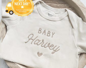 Embroidered Baby Name Onesie® Girl, Boy, Pregnancy Announcement Onesies® Brand, Baby Coming Soon Onesies® Custom Neutral Onesies® Z30