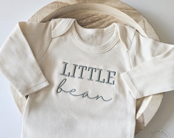 Embroidered Little Bean Onesie® brand. Pregnancy Baby Announcement to Husband, Family, Baby Bodysuit, Natural Baby Onesie® S5