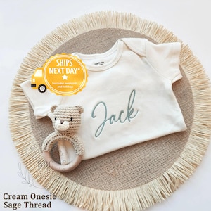 Embroidered Onesies® Brand, Personalized Baby Onesies® Custom Natural Neutral Onesies® Baby Name Onesie® Girl, Boy Pregnancy Announcement Z4