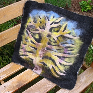 Hand-felted Bench Cushion with Plant Pattern, Natural Wool cushion inside