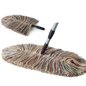 May include: A multi-colored dust mop with a long handle. The mop head is made of a thick, soft material that is ideal for cleaning floors.