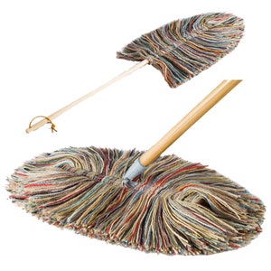May include: Two dusters with wooden handles and multi-colored, fluffy heads. One duster has a rectangular head, and the other has a fan-shaped head. The dusters are designed for cleaning and dusting.