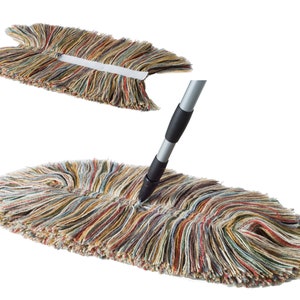 May include: A multi-colored string mop with a long silver handle. The mop head is oval shaped and has a white band around the middle.
