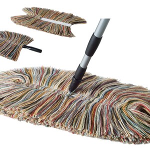 May include: A multi-colored string mop with a long silver handle. The mop head is oval shaped and has a fringe of colorful strings.