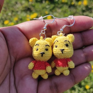 Crochet Winnie the Pooh Earrings, Handmade, Crochet Earrings, Crochet Jewelry, Plush, Kids Accessories, Micro-Crochet