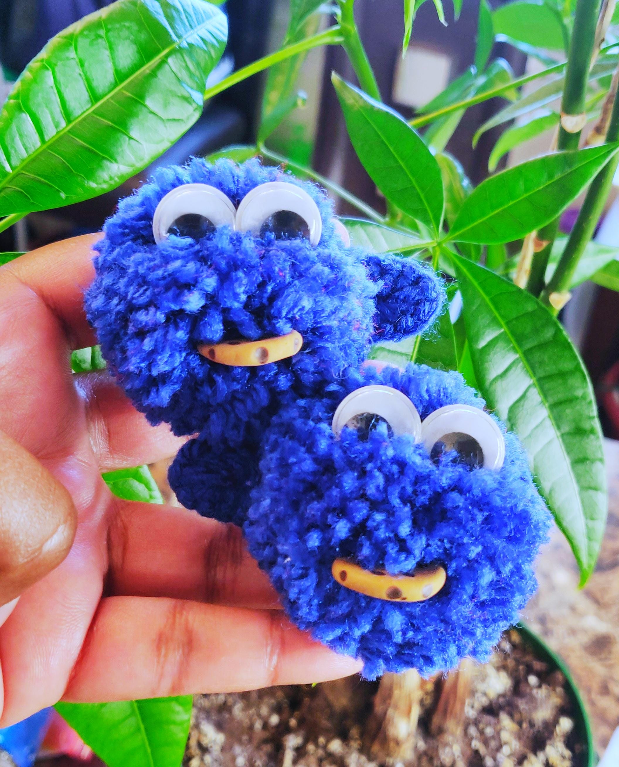 Cookie Monster Pom Pom Hair Clips, Handmade Acrylic Yarn Barrettes