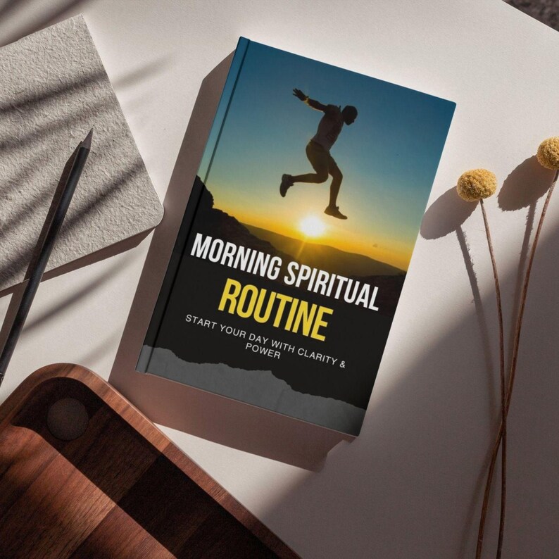 May include: A hardback book titled "MORNING SPIRITUAL ROUTINE" with a silhouette of a person jumping against a sunset backdrop. The cover also includes the text "START YOUR DAY WITH CLARITY & POWER". The book is on a white surface with a pencil, a wooden tray, and dried flowers.