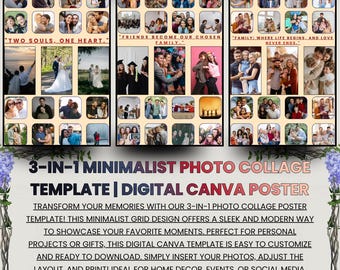 Plantilla de collage de fotos minimalista 3 en 1: boda, aniversario, familia (póster digital de Canva)