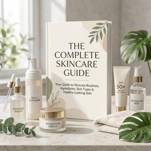 May include: A book titled The Complete Skincare Guide surrounded by skincare products including a Radiance Serum, Daily Cleanser, Hydration Cream, SPF 50+ Broad Spectrum cream, and Balancing Mist, all arranged on a light surface.