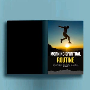 May include: A book with a black cover and a vibrant image of a person leaping at sunrise. The book's title is "MORNING SPIRITUAL ROUTINE" in white and yellow text. The tagline reads "START YOUR DAY WITH CLARITY & POWER."