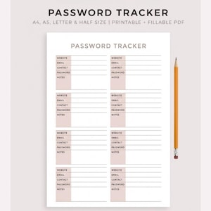 Puede incluir: Una hoja blanca de seguimiento de contraseñas con el título "PASSWORD TRACKER" en la parte superior. La hoja incluye secciones para sitio web, correo electrónico, contacto, contraseña y notas. Un lápiz amarillo está colocado en el lado derecho.