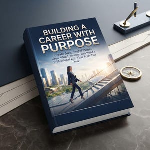 May include: A hardcover book titled Building a Career with Purpose, featuring a cover image of a person in a dark suit walking up outdoor stairs toward a city skyline. The text reads: Create Meaningful Work, Grow With Intention, and Build a Professional Life That Truly Fits You.