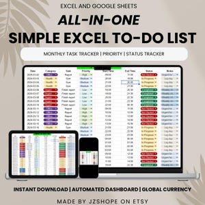 May include: A digital Excel and Google Sheets all-in-one simple to-do list template. The image shows a laptop, tablet, and smartphone displaying the task tracker. The template includes a monthly task tracker, priority, and status tracker.