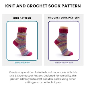 May include: Image shows a knit and crochet sock pattern. The left side displays a knit sock with a pink cuff, heel, and toe, and a striped body. The right side shows a crochet sock with similar features. Text reads "Knit and Crochet Sock Pattern."