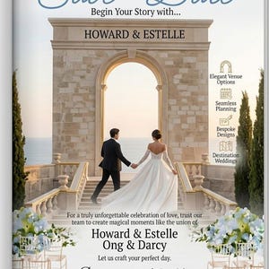 Op de afbeelding: Trouw aankondiging met een stel dat naar een stenen boog loopt. De tekst bevat "Save the Date" en details over trouwplanningsdiensten. De afbeelding heeft een zacht kleurenpalet met blauwe en beige tinten.