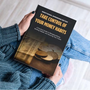 Op de afbeelding: Een persoon houdt een boek vast met de titel "EMOTIONAL SPENDING DETOX TAKE CONTROL OF YOUR MONEY HABITS". De boekcover is zwart met gouden letters en toont een afbeelding van geld en munten. De ondertitel van het boek luidt "A Practical Guide to Managing Money, Building Wealth, and Securing Your Future."