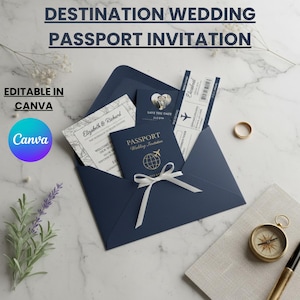 Invitación de pasaporte para boda de destino: temática de viajes (plantilla digital)