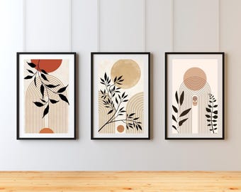 Conjunto de impresiones botánicas abstractas, galería de pared en tonos tierra (descarga digital)