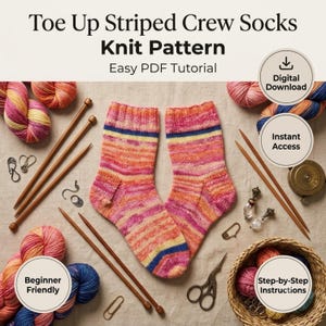 May include: Toe Up Striped Crew Socks Knit Pattern Easy PDF Tutorial. A pair of hand-knitted crew socks featuring a variegated color palette of pink, orange, yellow, and blue stripes, displayed with wooden knitting needles, yarn, and scissors.