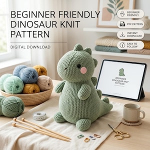Beginner Dinosaur Knit Pattern PDF, Easy Amigurumi Dinosaur Toy Knitting Pattern, Instant Download, DIY Plush Dinosaur Gift