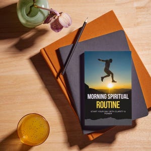 May include: A journal titled "MORNING SPIRITUAL ROUTINE" with a silhouette of a person jumping at sunrise. The journal is on top of a stack of notebooks and a pencil. A glass of orange liquid and a vase with a flower are also present.