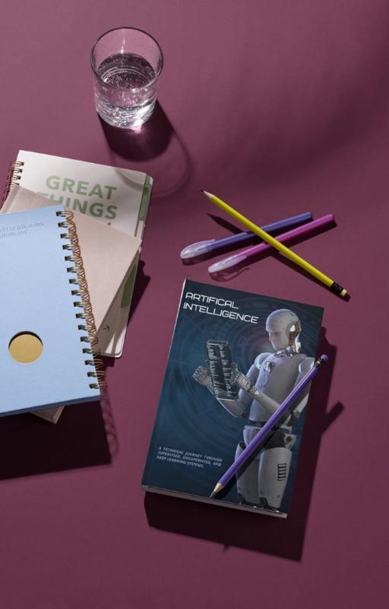 K&ouml;nnte beinhalten: Ein Stillleben mit einem Glas Wasser, Notizb&uuml;chern, Stiften und Bleistiften auf einer weinroten Oberfl&auml;che. Das Buch mit dem Titel "Artificial Intelligence" ist sichtbar, zusammen mit anderen Notizb&uuml;chern mit dem Text "Great Things".