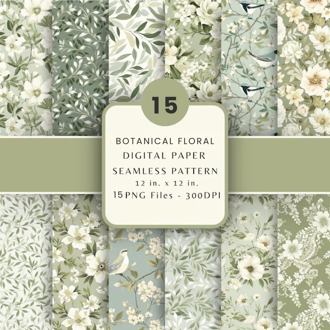Botanical Floral Digital Paper Pack | Sage Green Seamless Patterns ...