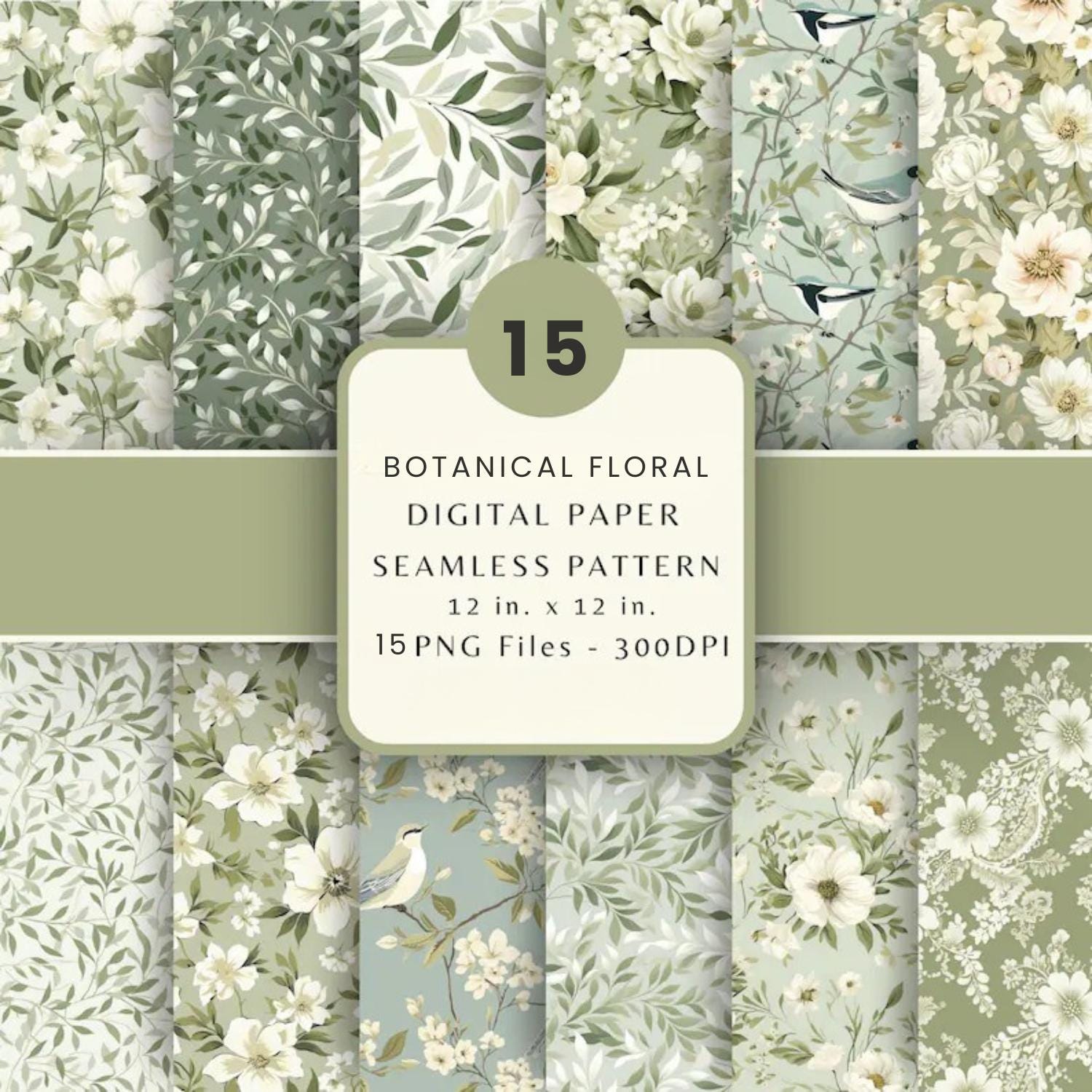 Botanical Floral Digital Paper Pack | Sage Green Seamless Patterns ...