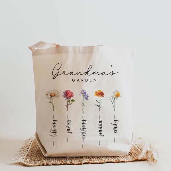 Grandmas Garden Gifts With Grandkids Names, Birth Month flower Tote Bag Gift, Grandma Gifts, Birthday Gift for Mother, Mothers day gift