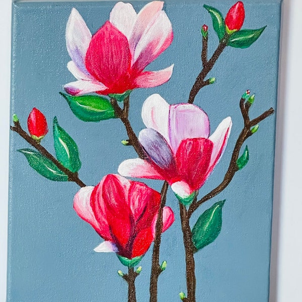 Magnolia painting / Magnolia Acrylic Painting / Hand-Painted / Flower / Pink , White, Red, Purple / 8x10 canvas