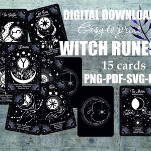 Printable Witch&#39;s runes cards PNG, PDF, SVG Oracle deck svg Grimoire cards png  Fortune telling cards set of 15 pcs Digital Download