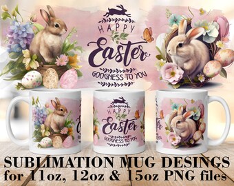 Blommig påskhare-muggomslag: Sublimeringsdesign PNG (11oz, 12oz, 15oz)