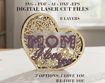 Maman coeur SVG en couches · Je t'aime signe · Fichier découpé au laser · Fête des mères · Téléchargement numérique