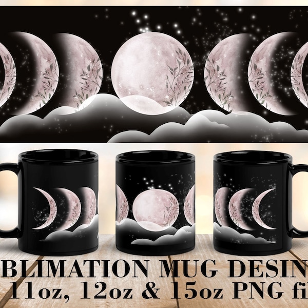 Floral Moon mug wrap PNG Moon phases mug png Witch coffee mug 11 oz, 12 oz, 15 oz Mug Sublimation designs PNG Files